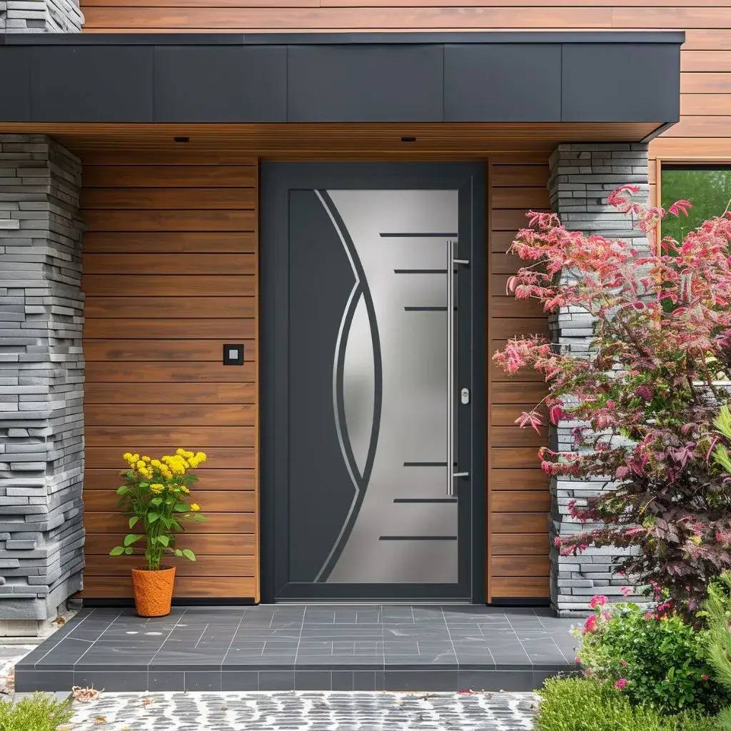 Entrée moderne avec une porte métallique au design élégant entourée de murs en bois et en pierre, avec des plantes décoratives.