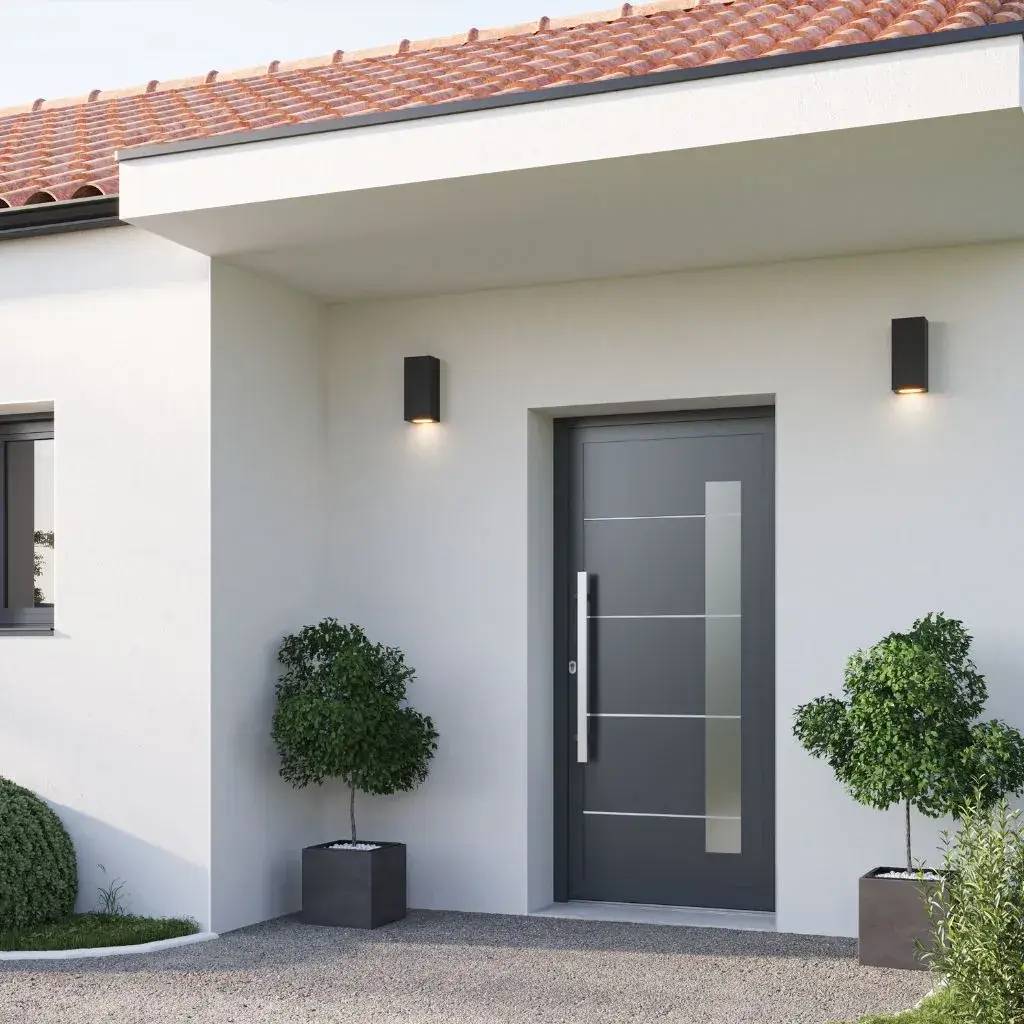 Entrée moderne avec une porte gris foncé entourée de deux arbustes taillés dans des pots carrés.
