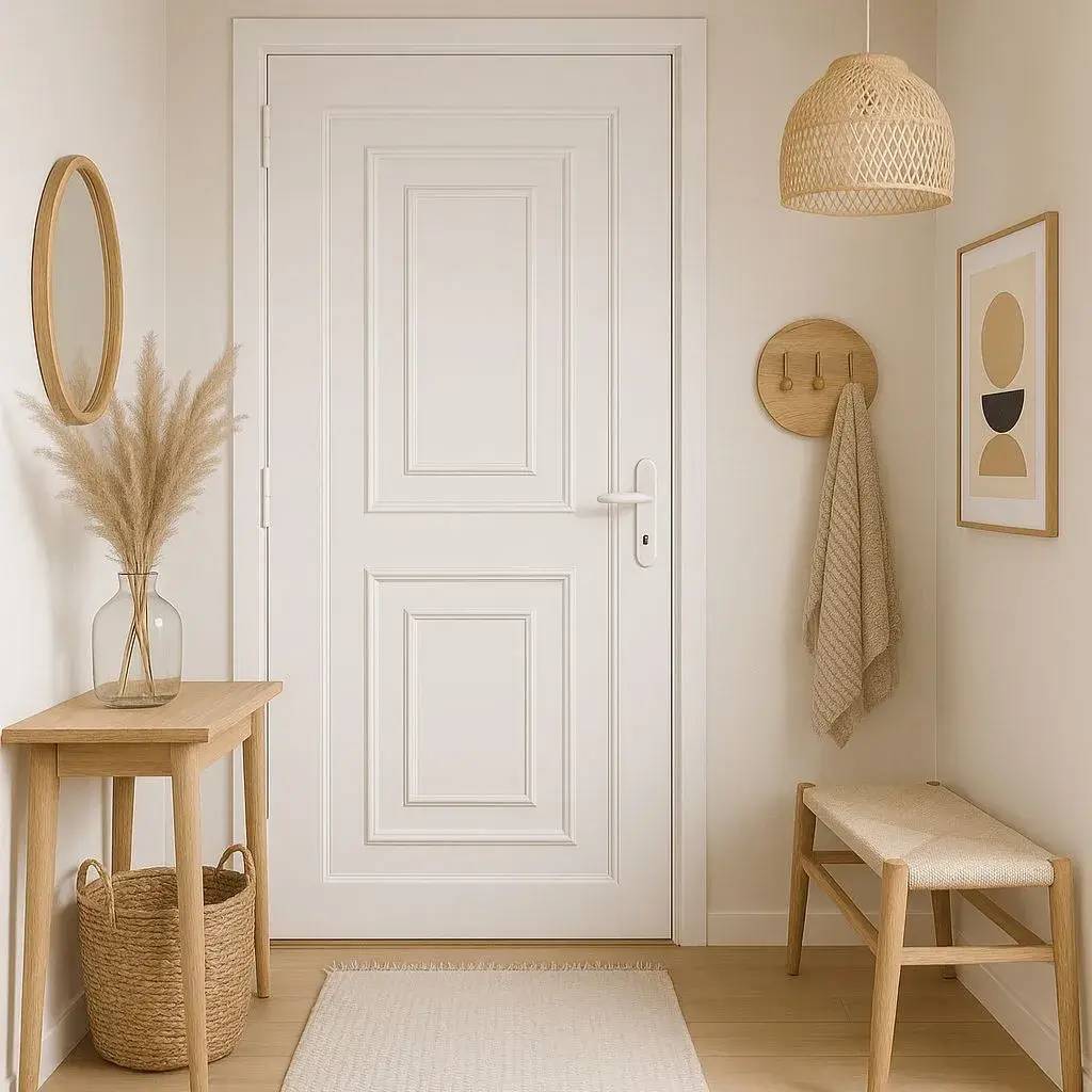 Un intérieur minimaliste et accueillant avec une porte blanche, des meubles en bois clair, et des éléments décoratifs naturels.