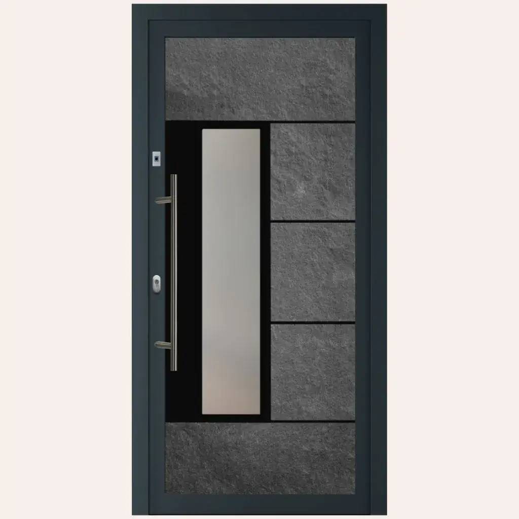 Porte moderne avec un design en panneaux gris texturés et une vitre centrale dépoli, encadrée par un cadre noir élégant.