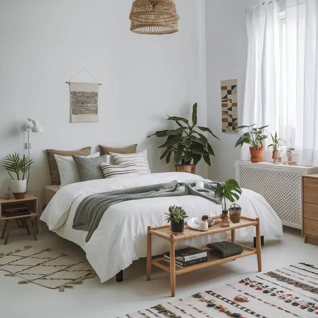 Une chambre lumineuse et minimaliste avec des plantes vertes, des accessoires naturels et un grand lit confortable.