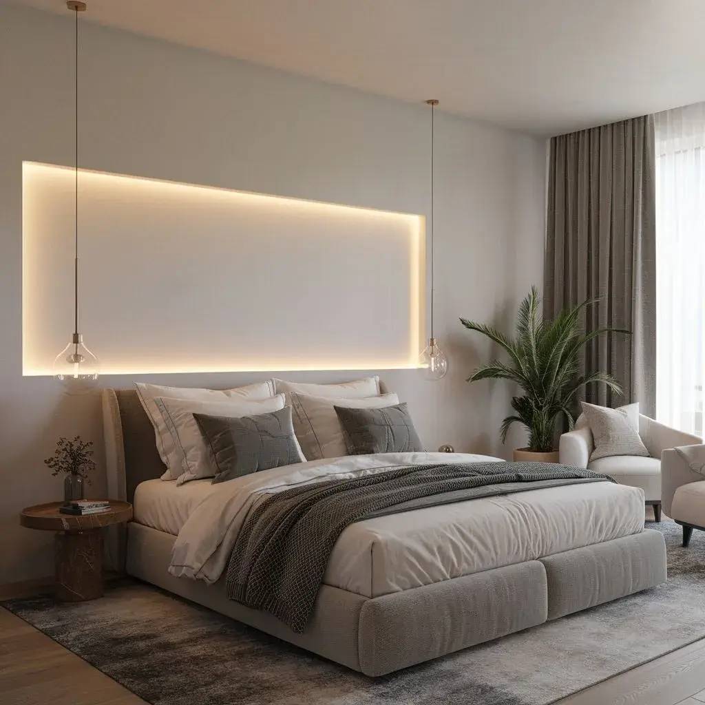 Une chambre moderne et élégante avec un lit confortable, des éclairages suspendus et une décoration minimaliste.