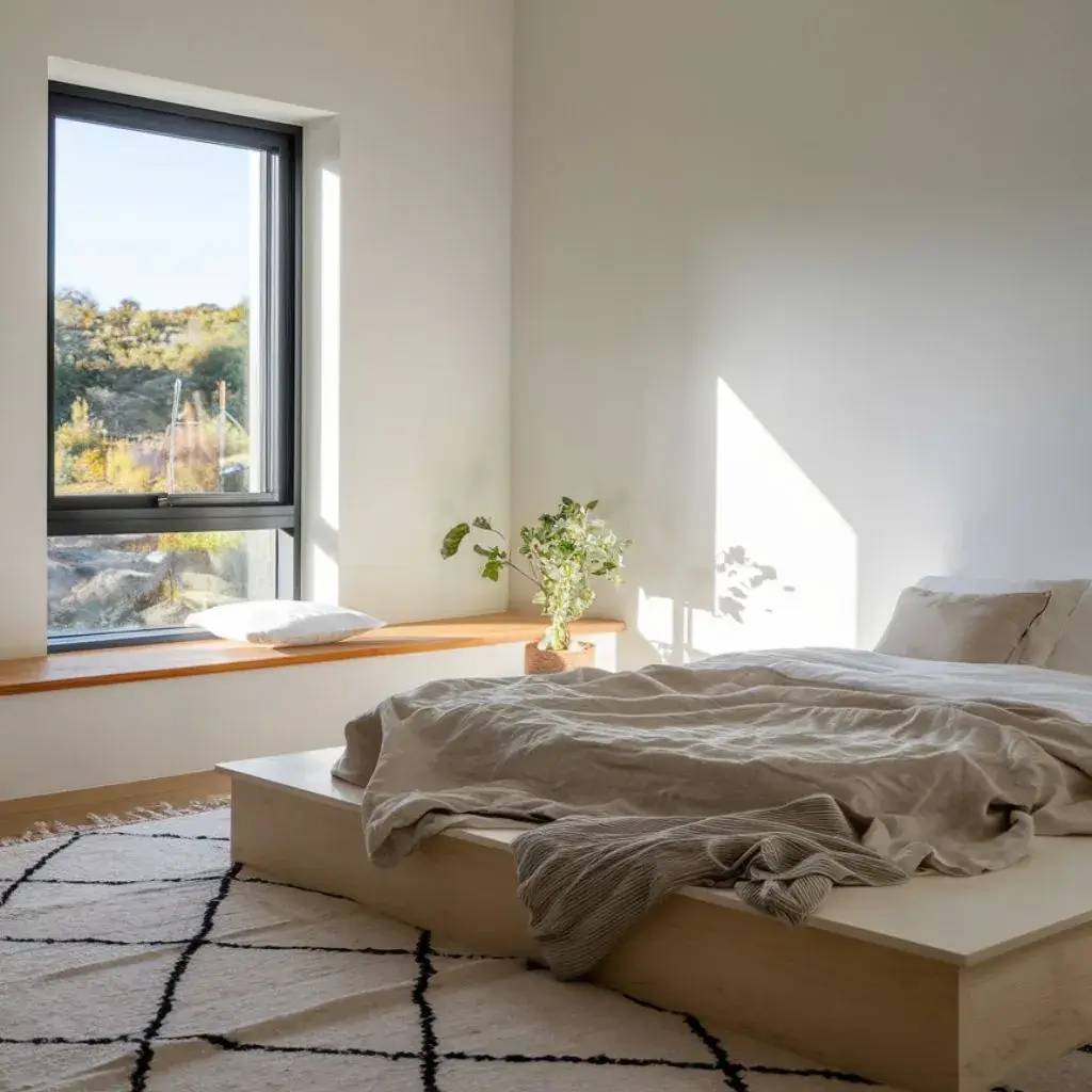Une chambre lumineuse et minimaliste avec un lit bas, une fenêtre encadrant un paysage verdoyant, et une plante verte sur le rebord