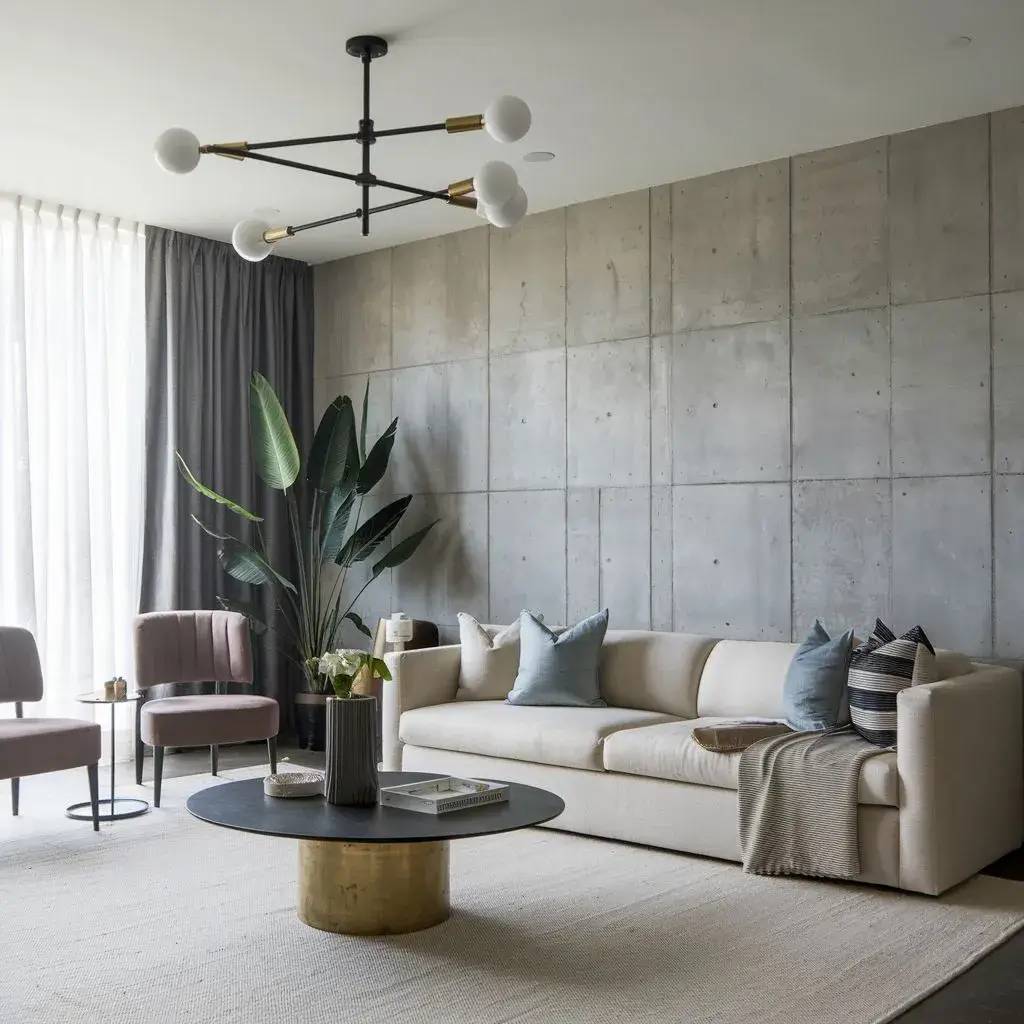 Un salon moderne et épuré avec un mur en béton, un canapé beige, des fauteuils roses, et une table basse noire surmontée de