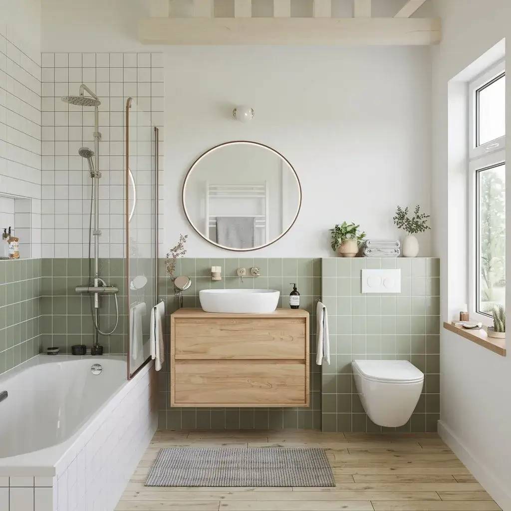 Salle de bains moderne et lumineuse avec une décoration minimaliste, combinant du carrelage vert sauge et du bois clair pour une ambiance naturelle