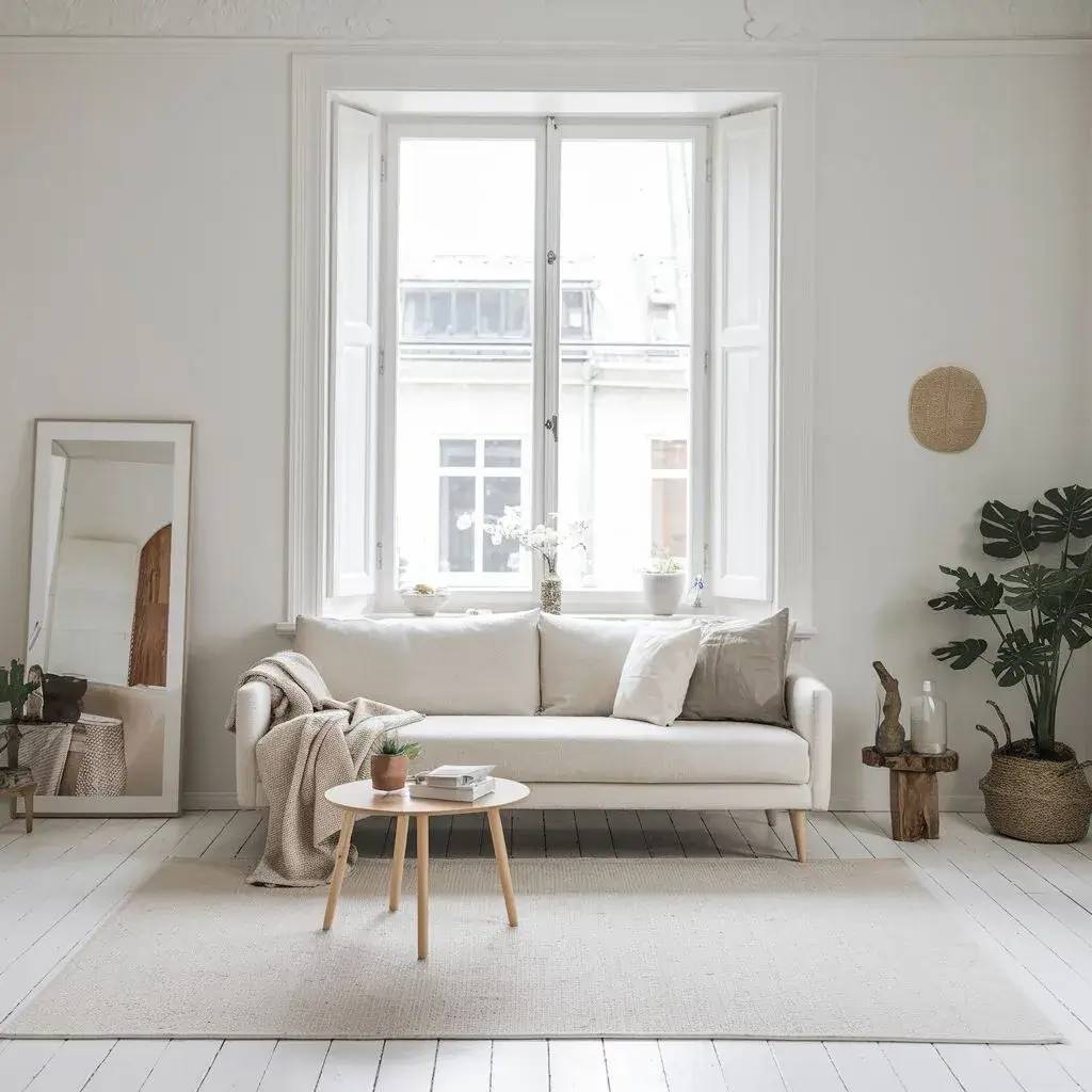 Un salon minimaliste et lumineux avec un canapé blanc, une table basse en bois clair et des touches de verdure.