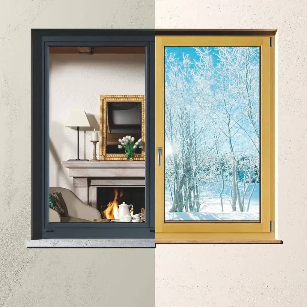 Cette image montre une fenêtre divisée mettant en contraste un intérieur chaleureux avec cheminée et un extérieur hivernal enneigé.