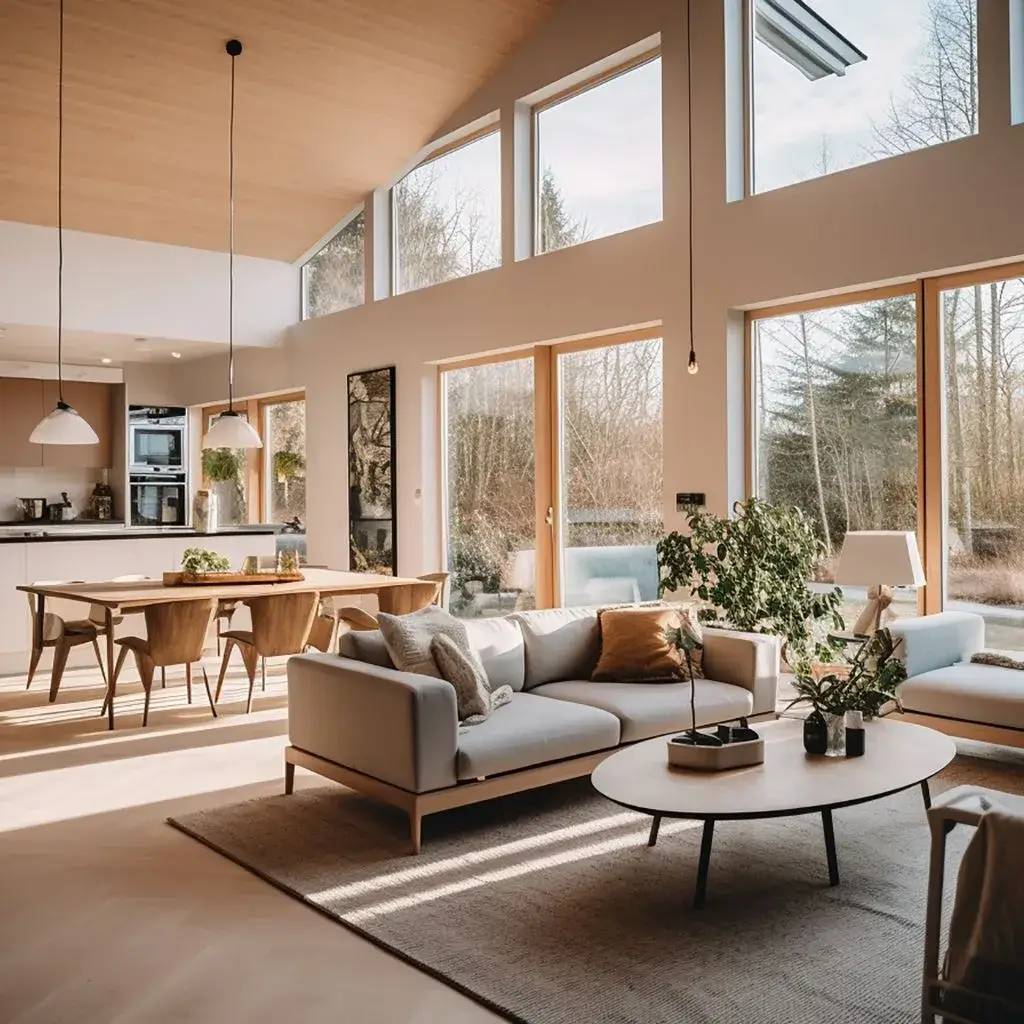 Un salon moderne et lumineux avec de grandes fenêtres, deux canapés confortables, des plantes d'intérieur, et une cuisine ouverte en arrière-plan.