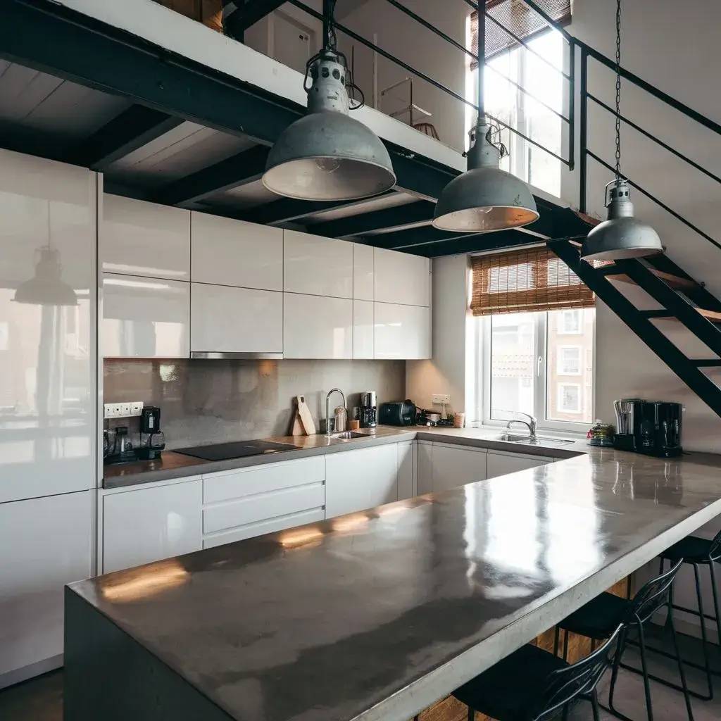 Cuisine moderne avec des armoires blanches, un îlot central en béton poli et un escalier en métal de style industriel.