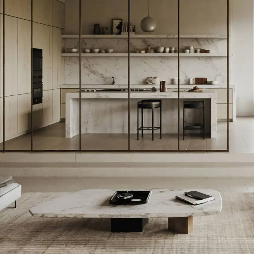 Une cuisine moderne et épurée avec des surfaces en marbre, des étagères ouvertes et un îlot central, vue à travers un écran en