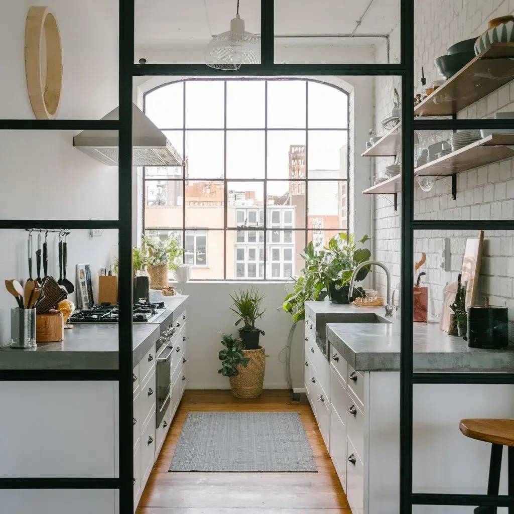 Une cuisine lumineuse et moderne avec des plantes, des étagères ouvertes et une grande fenêtre offrant une vue sur la ville.