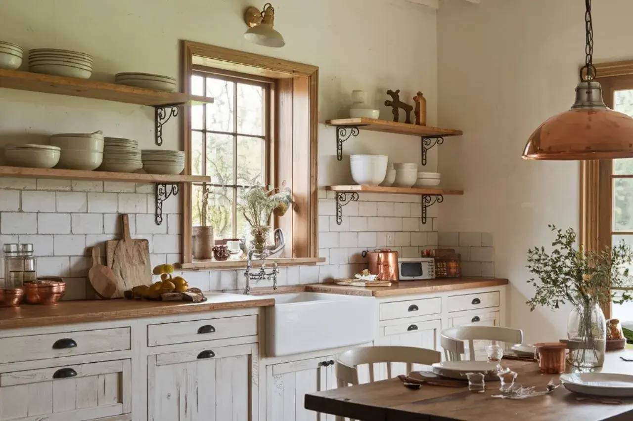 Une cuisine lumineuse de style rustique avec des étagères en bois, de la vaisselle en céramique et des accents en cuivre sur
