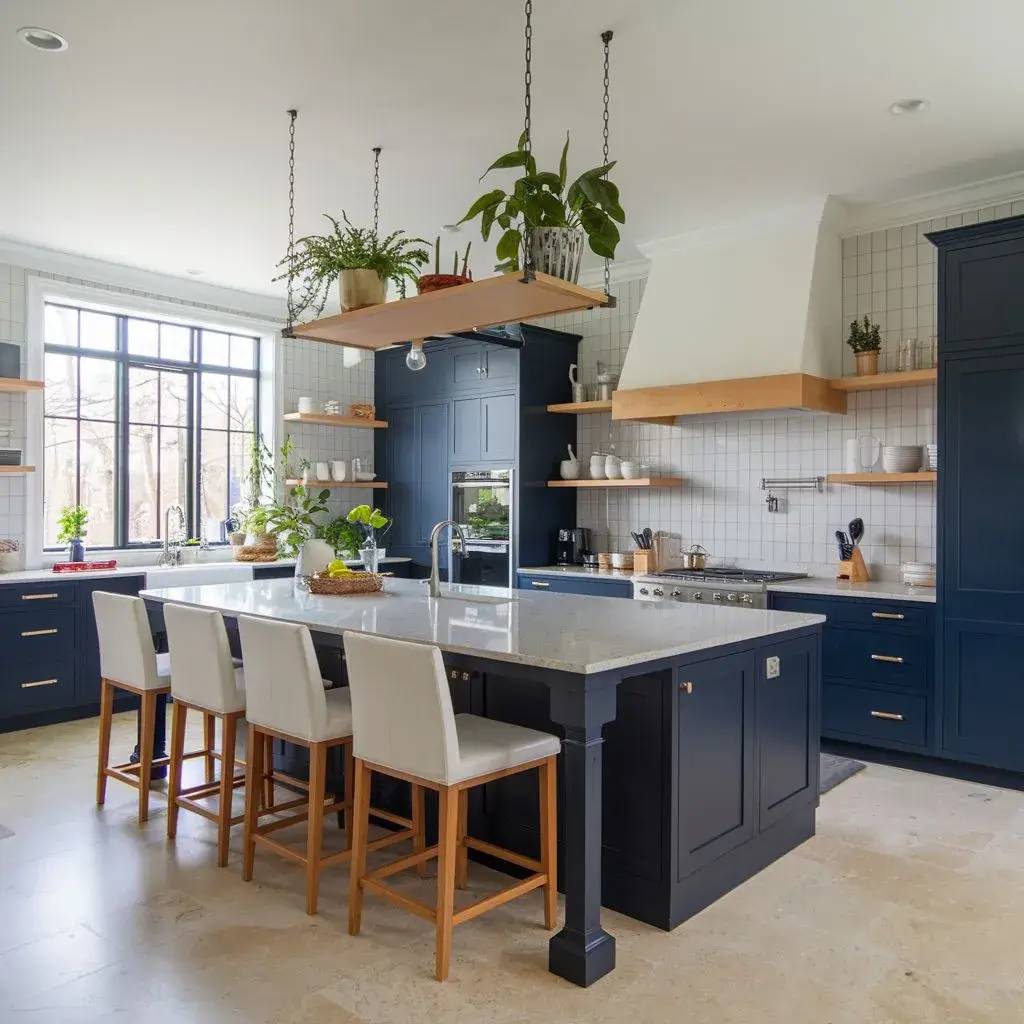 Une cuisine moderne et lumineuse avec des armoires bleu foncé, un îlot central en marbre et des plantes en suspension.