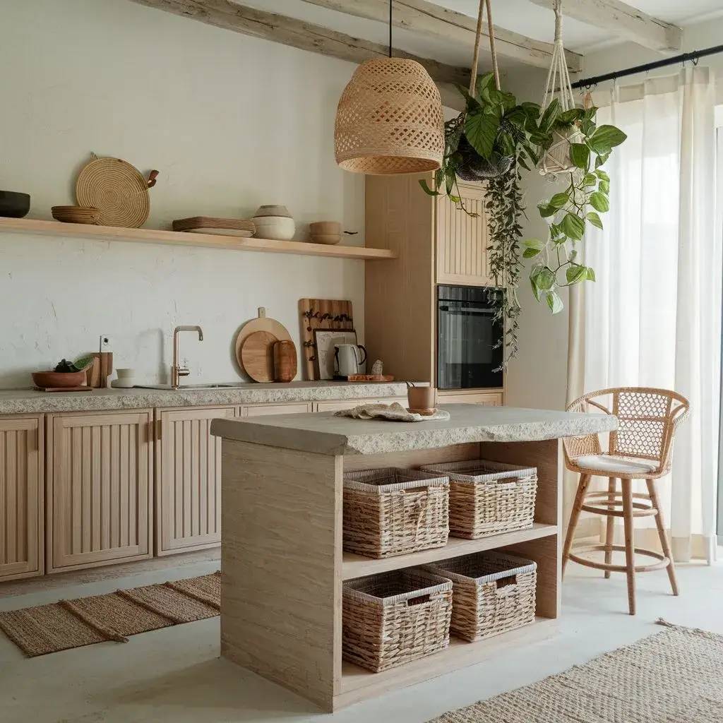 Cuisine moderne et chaleureuse avec des éléments en bois clair, des suspensions en osier, et des plantes suspendues.