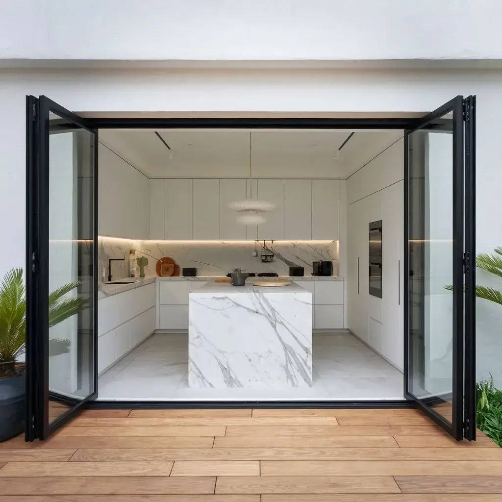 Cette image montre une cuisine moderne avec un îlot central en marbre, des armoires blanches élégantes et une porte vitrée ouverte donnant sur