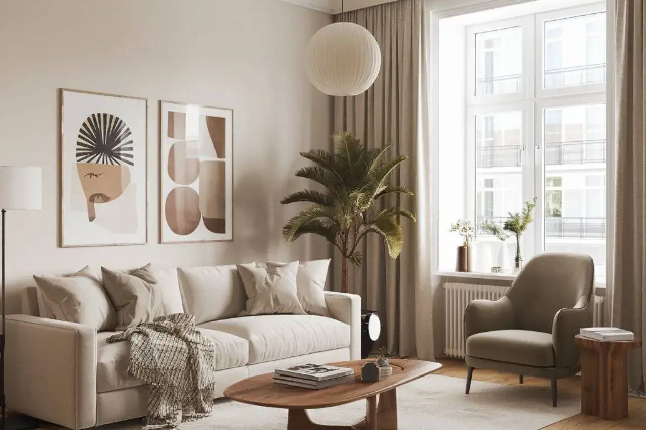 Un salon moderne et épuré avec un canapé beige, des œuvres d'art minimalistes, une plante verte, et une grande fenêtre offrant une lumière naturelle