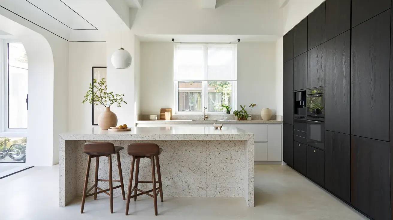 Une cuisine moderne et lumineuse avec un îlot central en pierre, des armoires sombres et deux tabourets en bois, offrant une ambiance