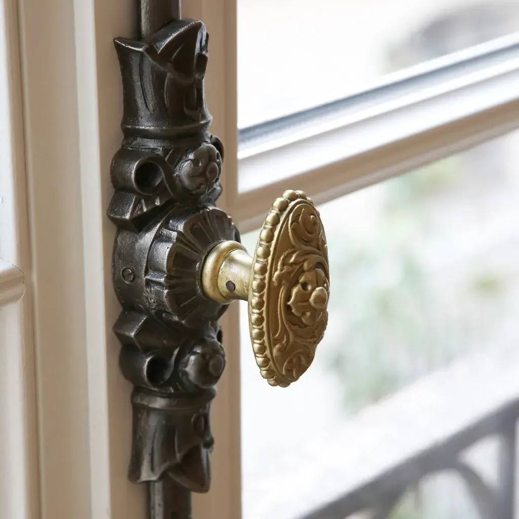 Une élégante poignée en laiton ornée de motifs détaillés sur une porte près d'une fenêtre.