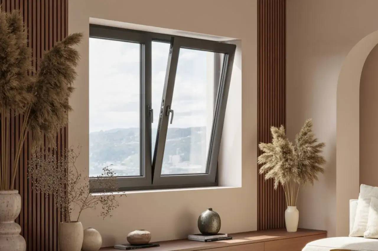 Une fenêtre moderne en oscillobattant laisse entrer la lumière naturelle dans un intérieur décoré avec des plantes séchées et des objets en cér