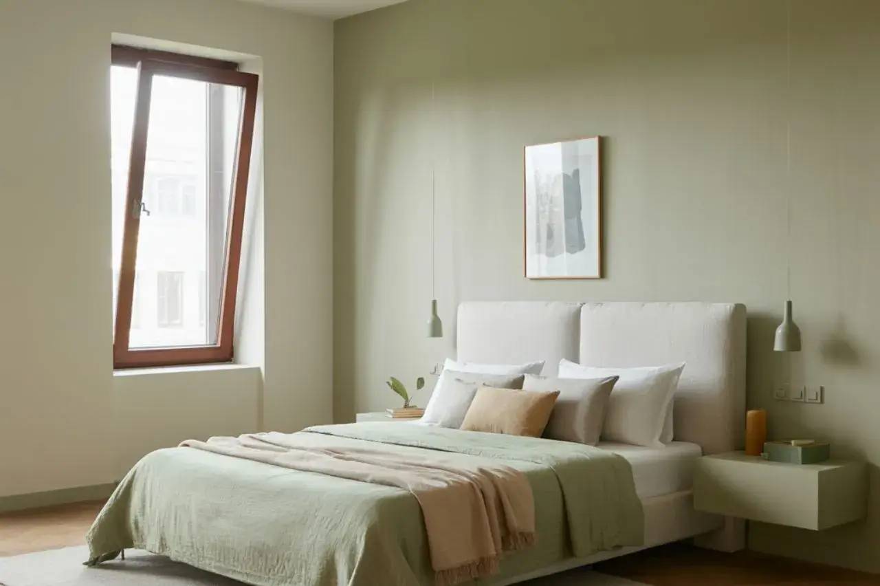 Une chambre lumineuse avec un lit élégant aux tons neutres et des éléments de décoration minimalistes, baignée de lumière naturelle provenant d'une grande fenêtre
