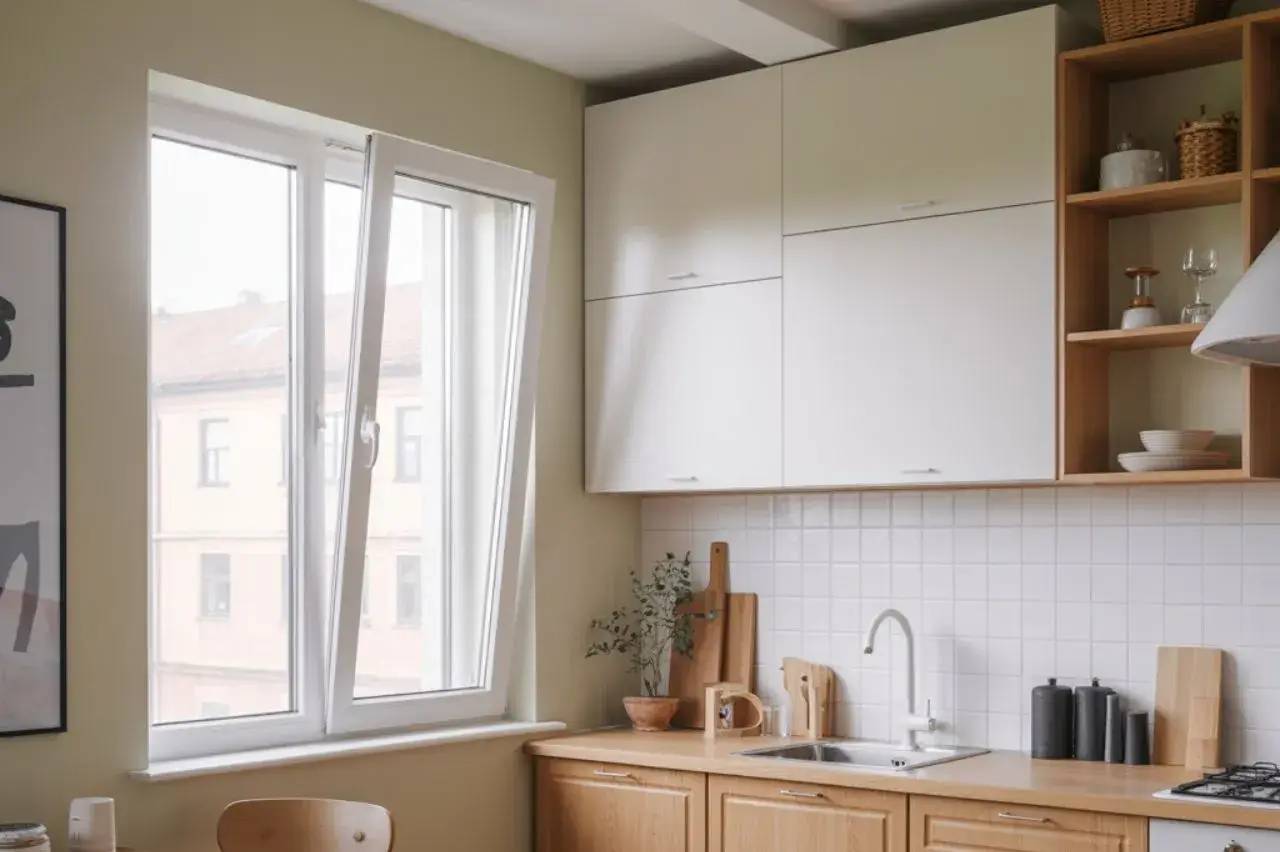Une cuisine moderne et épurée avec des placards blancs, un plan de travail en bois clair, et une fenêtre ouverte qui laisse entrer la lumière naturelle