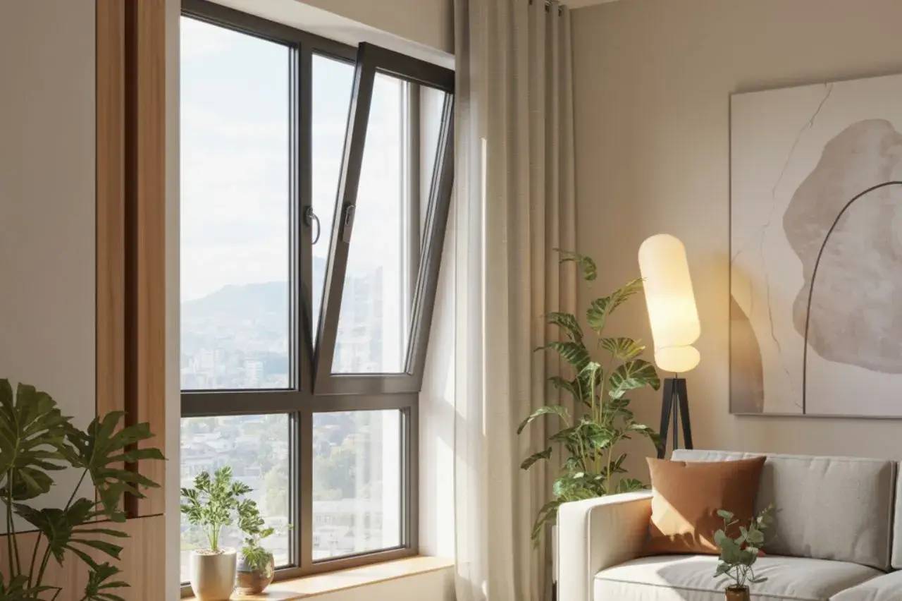 Un salon moderne et lumineux avec de grandes fenêtres, des plantes vertes, et un canapé confortable.