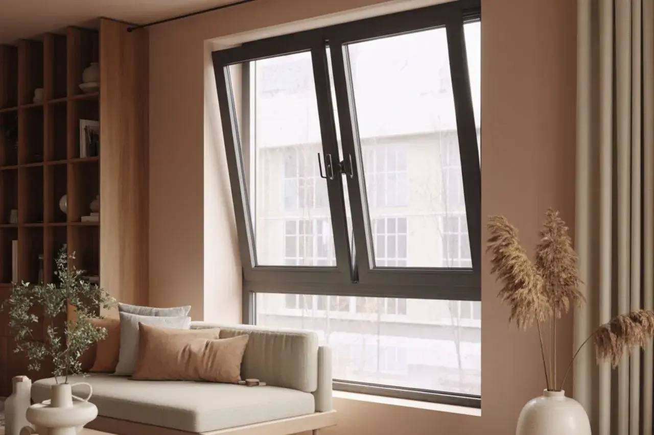 Un coin salon cosy avec une grande fenêtre basculante, un canapé moelleux agrémenté de coussins et une décoration minimaliste.