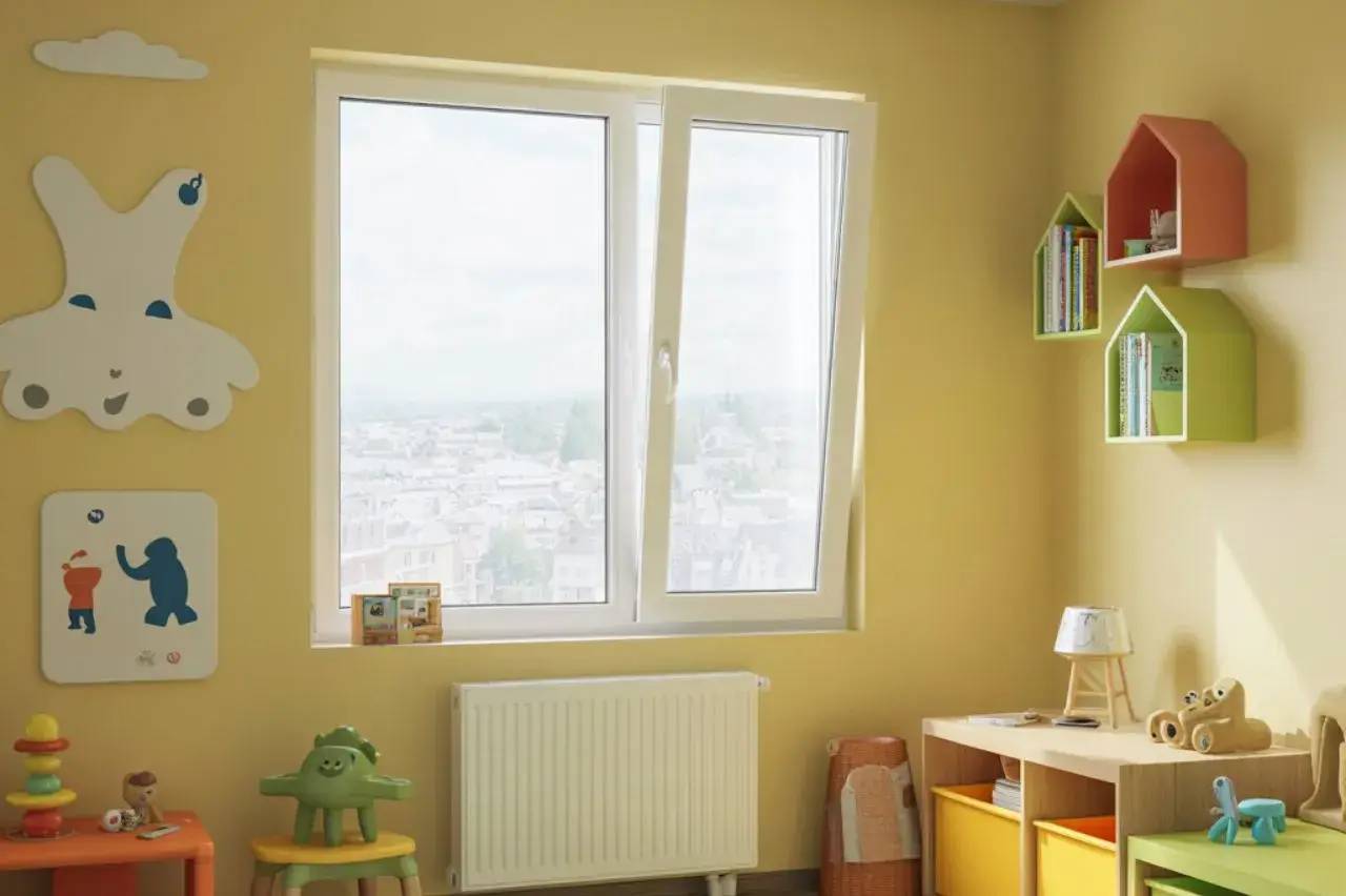 Une chambre d'enfant lumineuse avec un mur jaune, des étagères en forme de maison, et des jouets colorés.