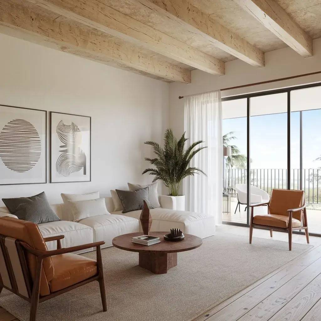 Salon moderne et lumineux avec un canapé blanc, des fauteuils en cuir, une table basse en bois et une grande baie vitrée offrant une vue dég
