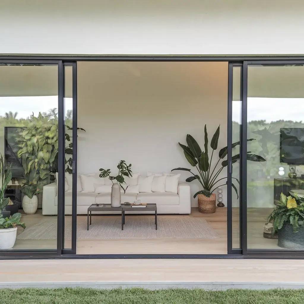 Un salon moderne avec un canapé blanc, des plantes d'intérieur luxueuses et une grande baie vitrée donnant sur l'extérieur.