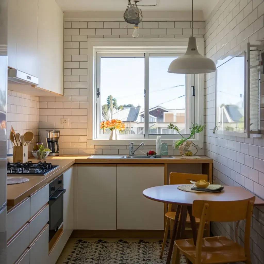 Petite cuisine moderne et lumineuse avec des meubles blancs, un plan de travail en bois clair, et une table ronde accompagnée de deux chaises