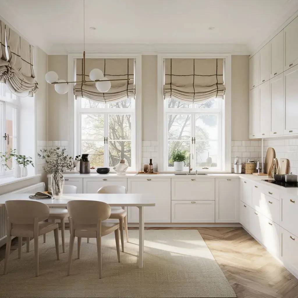 Une cuisine lumineuse et élégante avec des armoires blanches, un sol en bois à chevrons, et une table à manger près des