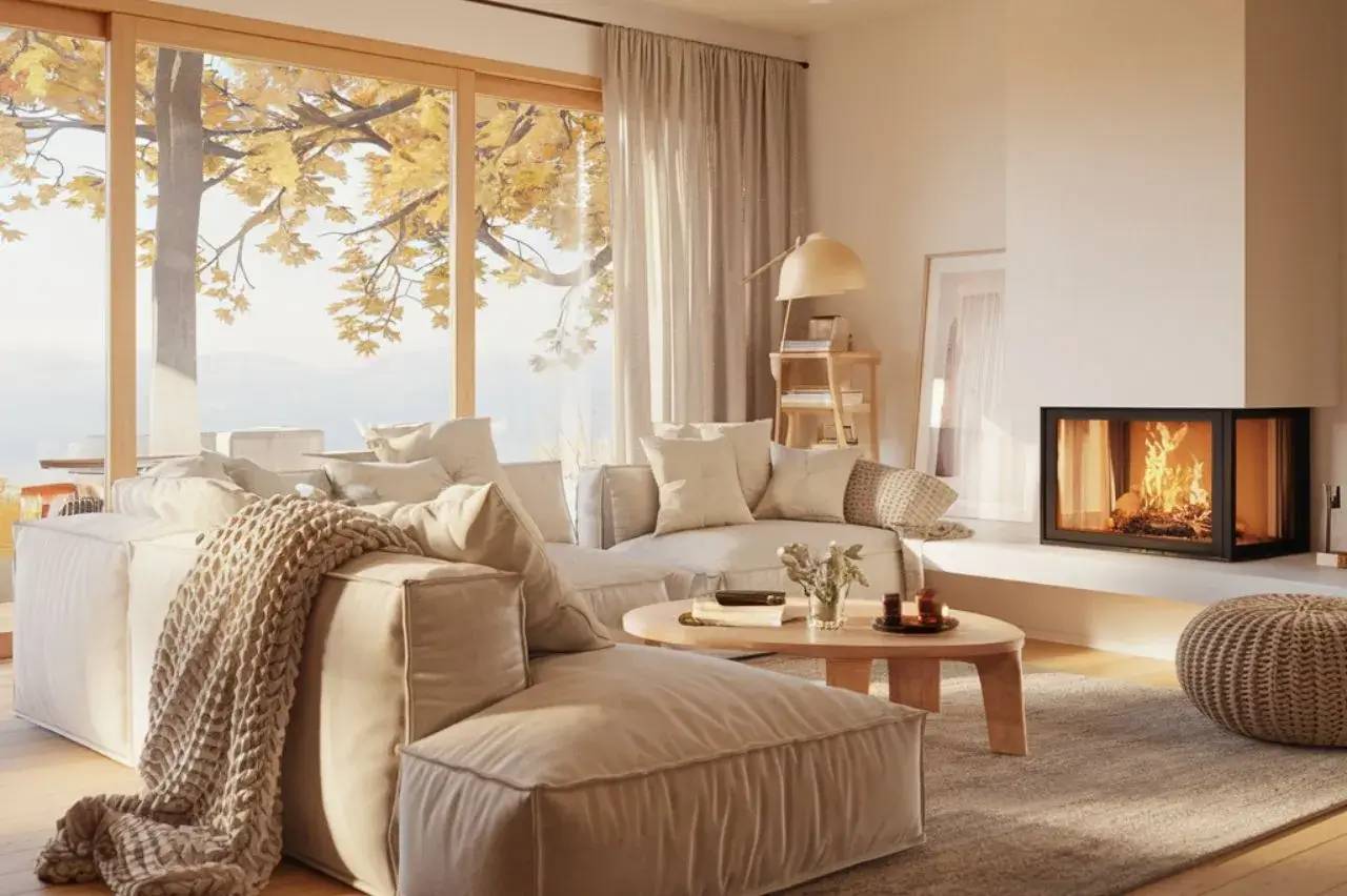 Un salon chaleureux et accueillant avec des canapés beiges confortables, une cheminée moderne allumée et une grande fenêtre offrant une vue sur