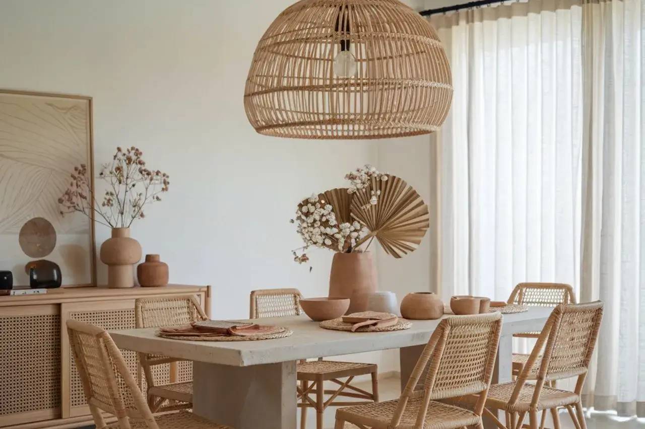 Une salle à manger lumineuse au style bohème chic, avec des meubles en rotin et des décorations en céramique naturelle.