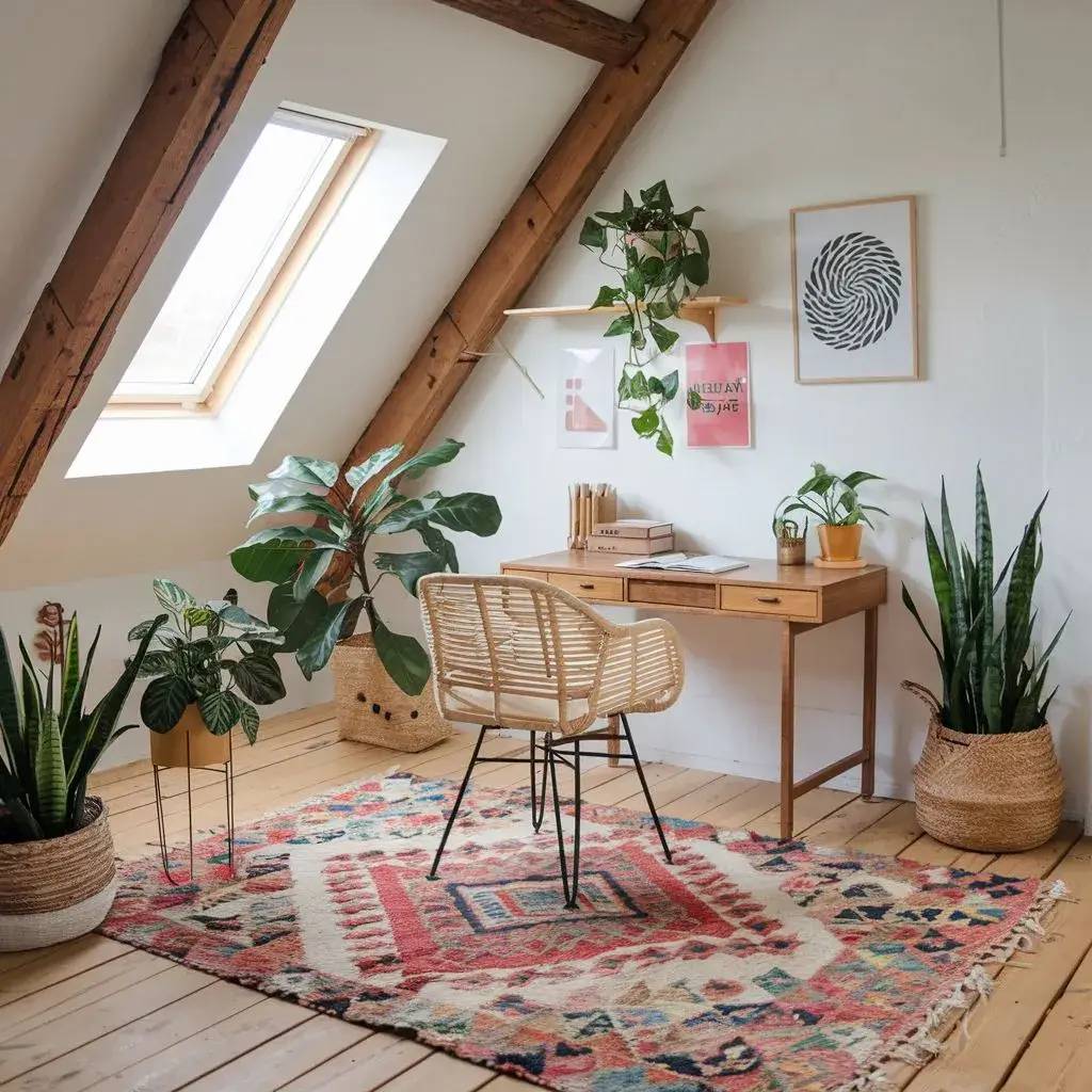 Un espace de travail lumineux et accueillant sous les combles, décoré avec des plantes vertes, un tapis coloré et des meubles en bois