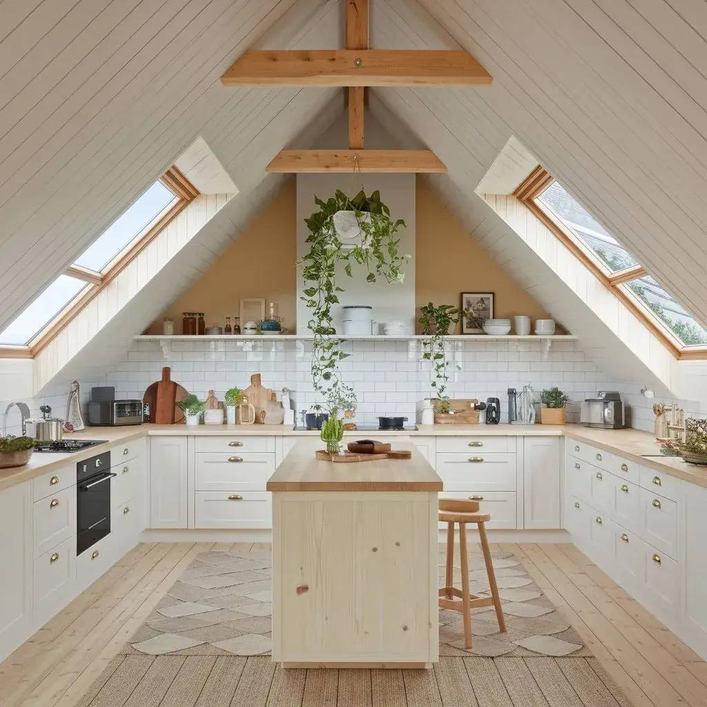 Cette cuisine lumineuse en mansarde présente un design scandinave épuré avec des meubles en bois clair, des plantes suspendues et beaucoup de lumière