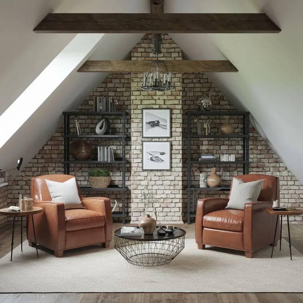 Un salon mansardé au style industriel avec des fauteuils en cuir marron, des étagères en métal et en bois, et un mur