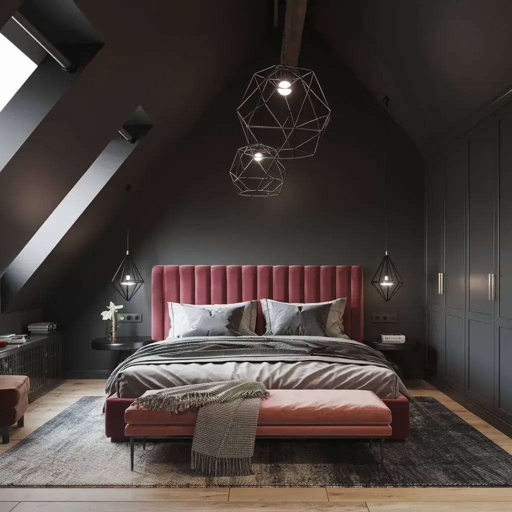 Une chambre moderne sous les combles avec un lit à tête de lit rouge, des luminaires géométriques et une décoration élégante dans des tons