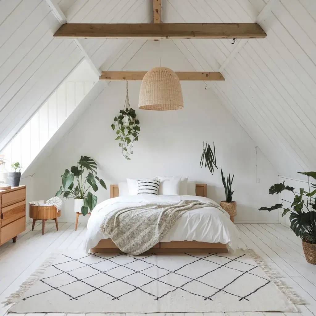 Une chambre lumineuse et minimaliste avec des murs blancs, des poutres apparentes, des plantes vertes et des meubles en bois clair.
