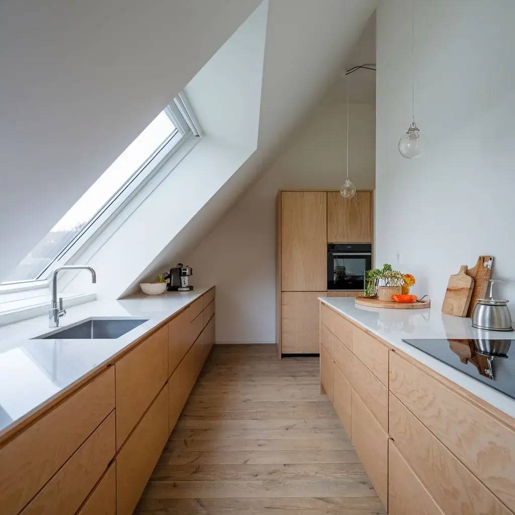Une cuisine moderne et lumineuse, aménagée sous des combles avec des meubles en bois clair et un plan de travail blanc.