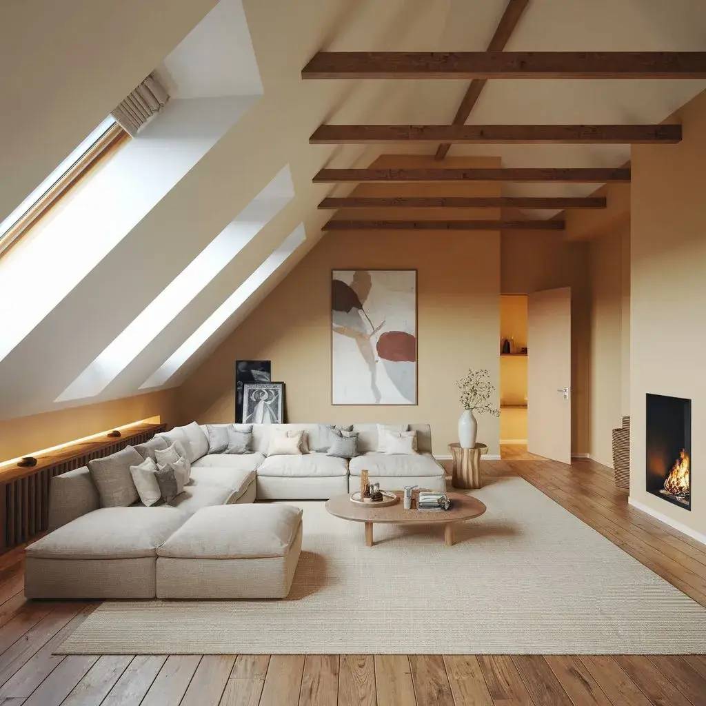 Un salon moderne et chaleureux sous combles avec un canapé en L, des poutres en bois, une cheminée et un éclairage naturel abondant.