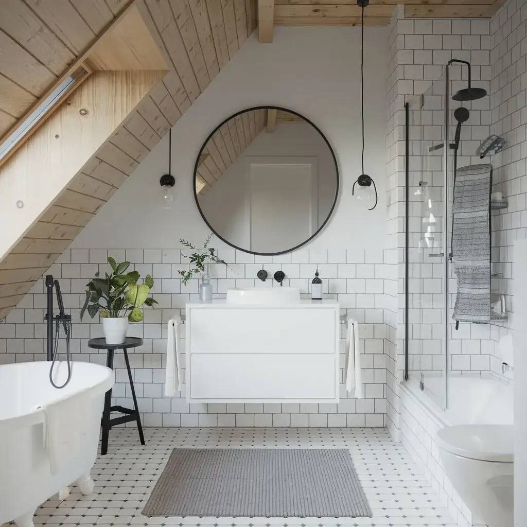 Salle de bain moderne sous les combles, avec des murs en carrelage blanc, une baignoire ilot, et un miroir rond.