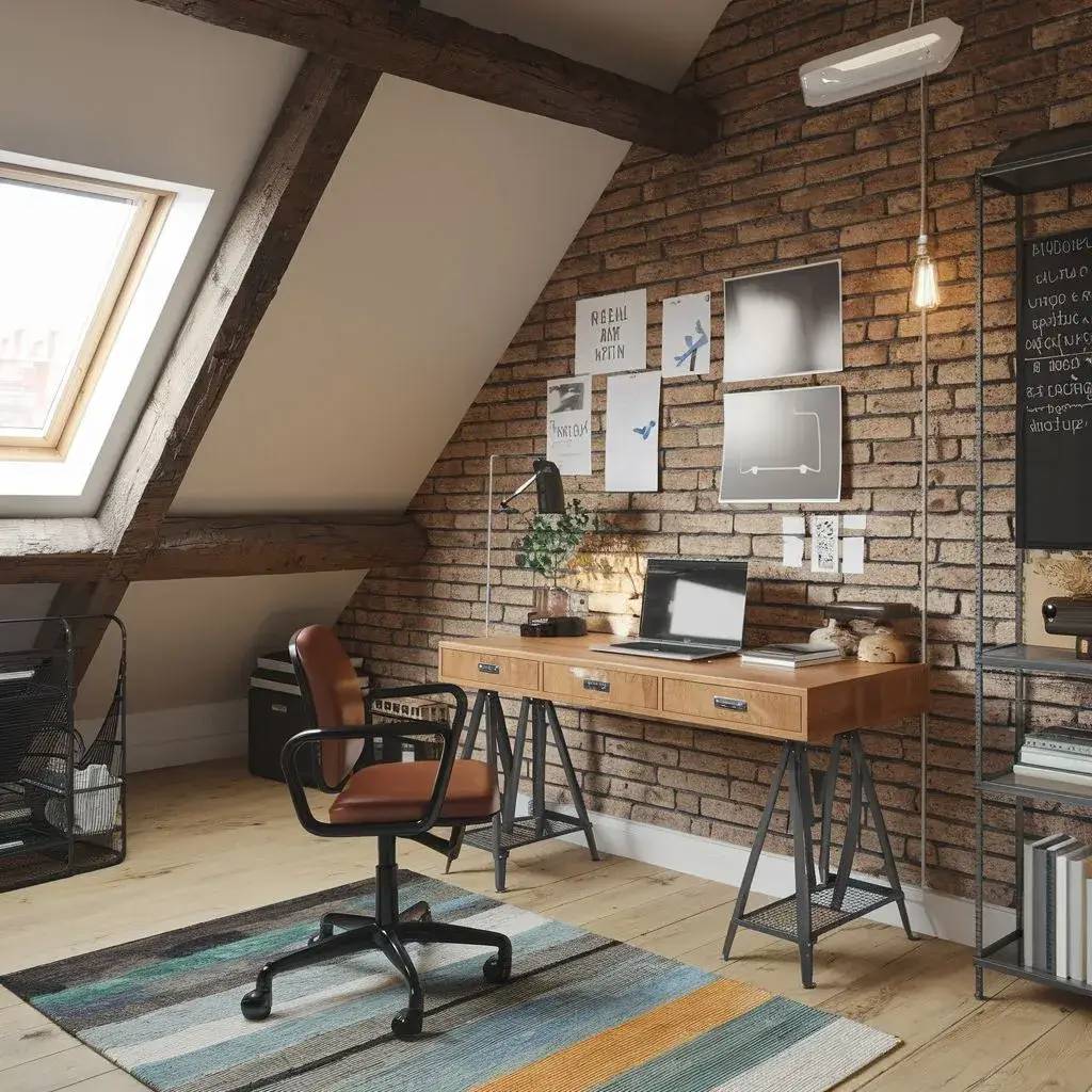 Un bureau sous les combles, aménagé de façon moderne avec des murs en briques, un bureau en bois, une chaise de bureau vintage,