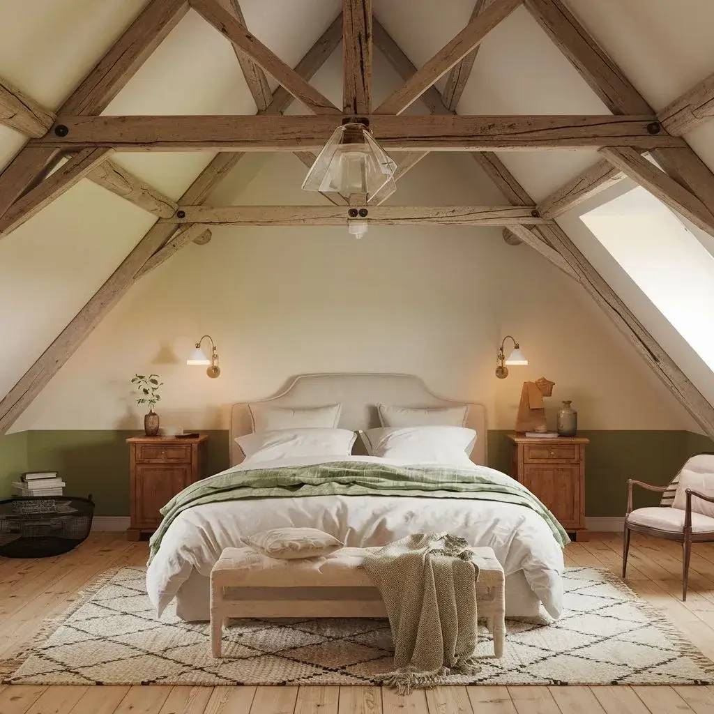 Une chambre chaleureuse et élégante, avec des poutres en bois apparentes et une décoration aux couleurs terreuses.
