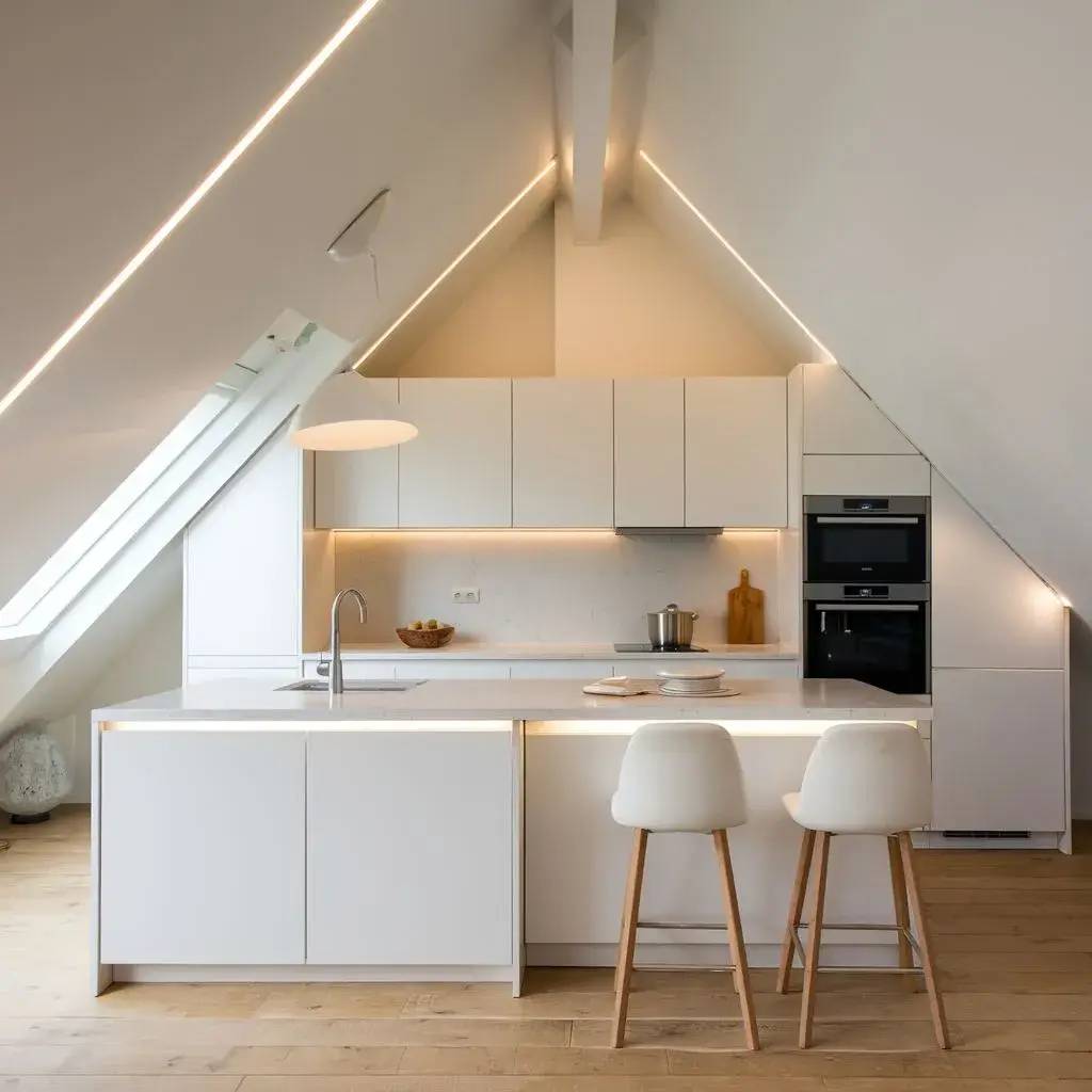 Cette cuisine moderne sous les combles est dotée de meubles blancs épurés et d'un éclairage tamisé, créant un espace élégant et