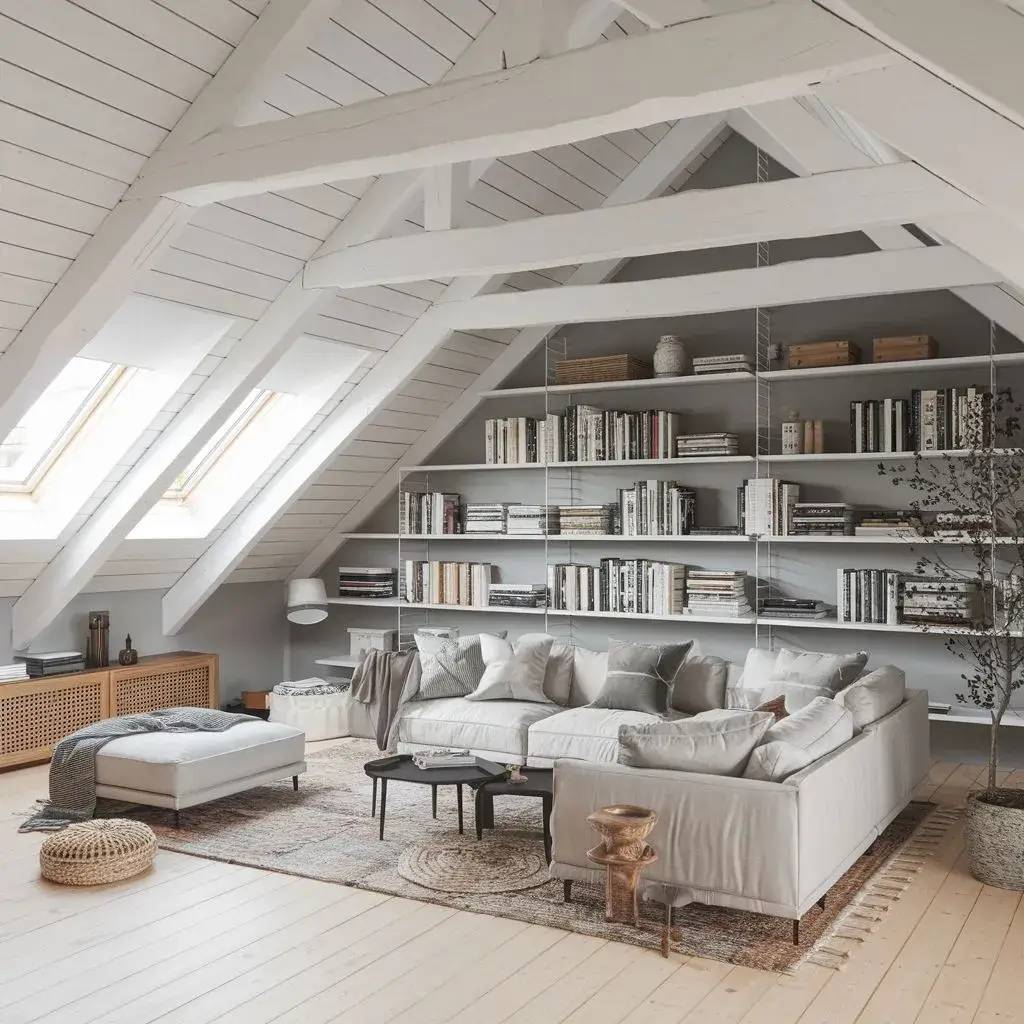 Cet espace lumineux sous les combles présente un salon cosy avec un canapé blanc, des étagères remplies de livres et une décoration moderne sur fond