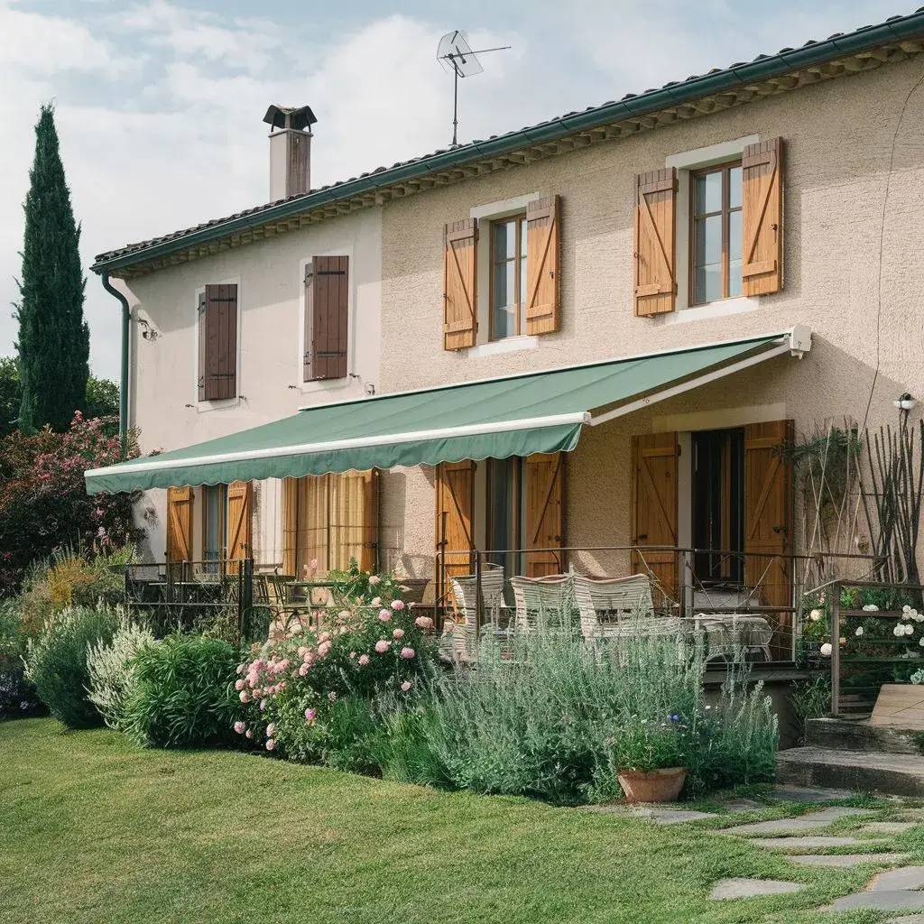 Une maison traditionnelle en pierre avec des volets en bois, entourée d'un jardin fleuri et agrémentée d'un store vert sur la terrasse