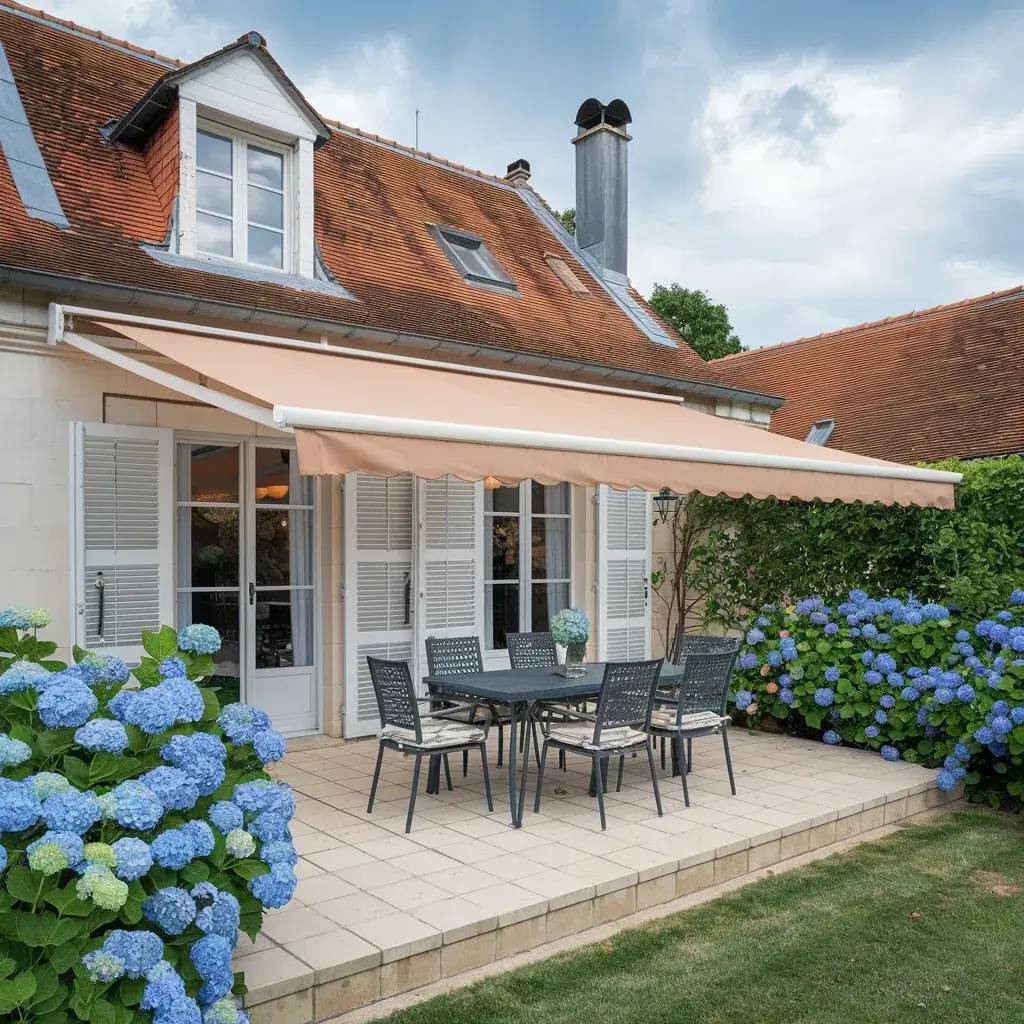 Une charmante terrasse ensoleillée avec un auvent beige, entourée par des hortensias bleus, offre un espace détente élégant devant une