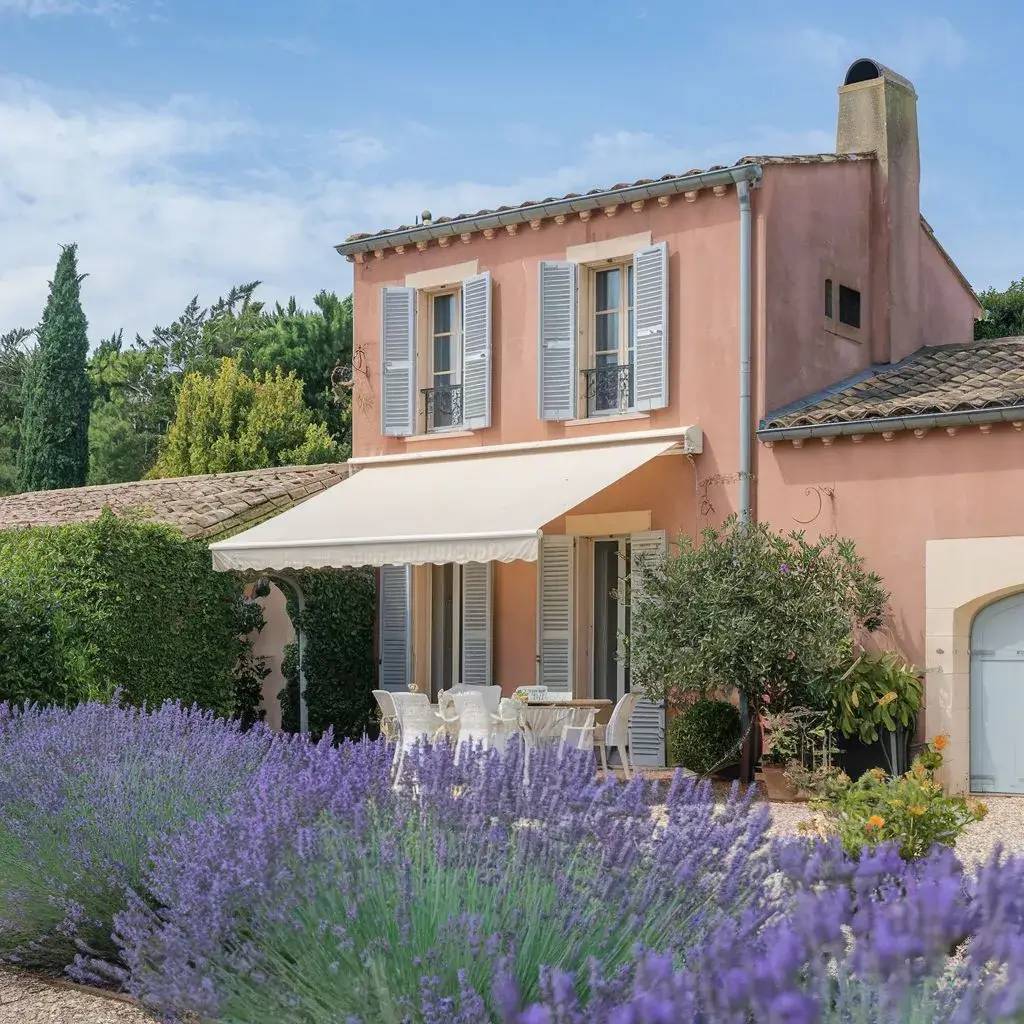 Cette charmante maison aux volets bleus est entourée de lavande fleurie, offrant une atmosphère paisible et provençale.
