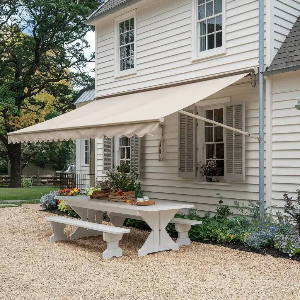La photo montre une maison blanche aux volets gris avec un store en toile beige et une table de jardin en bois blanc sur un sol en gravier